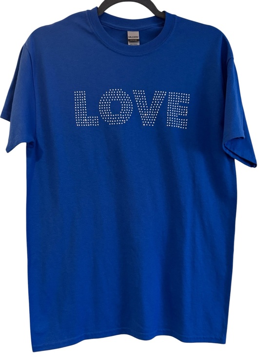 Gildan Tops - Gildan Royal Blue LOVE Rhinestone Graphic T-Shirt - Short Sleeve Tee, Size M
